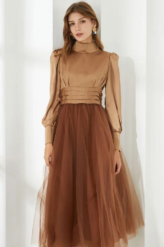 Silky Satin High Neck Long Sleeve High Waist Tulle Cocktail Midi Dress - Khaki Comfortable Button Front Midi Dress