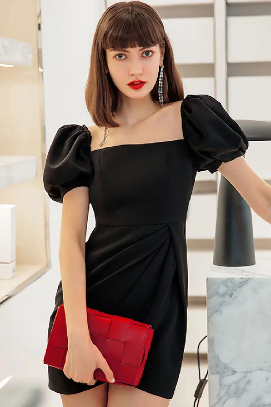 Silky Satin Square Neck Puff Sleeve Pleated Trim Party Mini Dress - Black Elegant Off-Shoulder Dress Mini