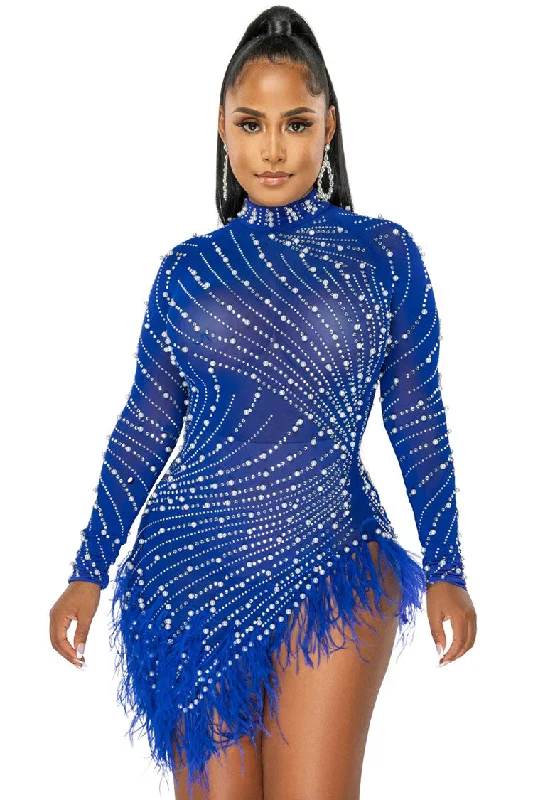 Sparkly Crystal High Neck Sheer Mesh Bodycon Feather Party Mini Dress - Blue Cozy Sweater Mini Dress