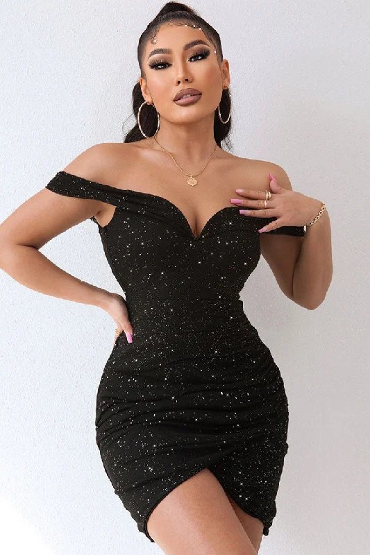 Sparkly Deep V Off The Shoulder Ruched Bodycon Party Mini Dress - Black Stylish Short-Sleeve Mini Dress