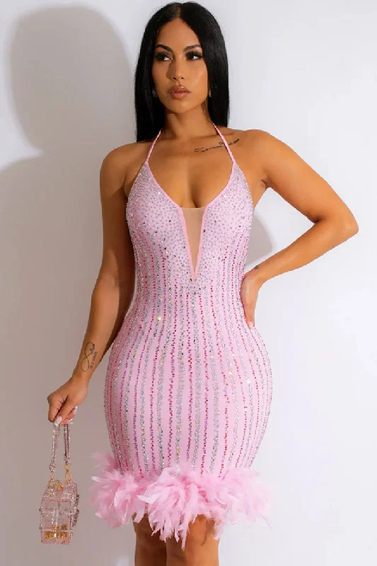 Sparkly Rhinestone Halter Neck Bodycon Feather Trim Party Mini Dress - Pink Cozy Cotton Mini Dress