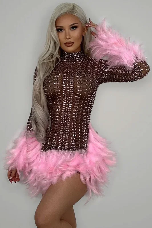 Sparkly Rhinestone High Neck Sheer Mesh Feather Trim Party Mini Dress - Pink Stylish Plaid Mini Dress