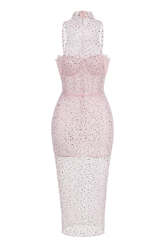 Sparkly Rhinestone Illusion Neck Lace Bra Bodycon Sheer Mesh Midi Dress Stylish Silk Midi Dress