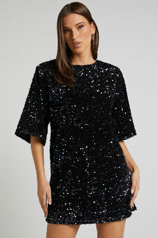 Sparkly Sequin Crew Neck Short Sleeve Oversized Velvet Party Mini Dress - Black Cozy A-Line Mini Dress