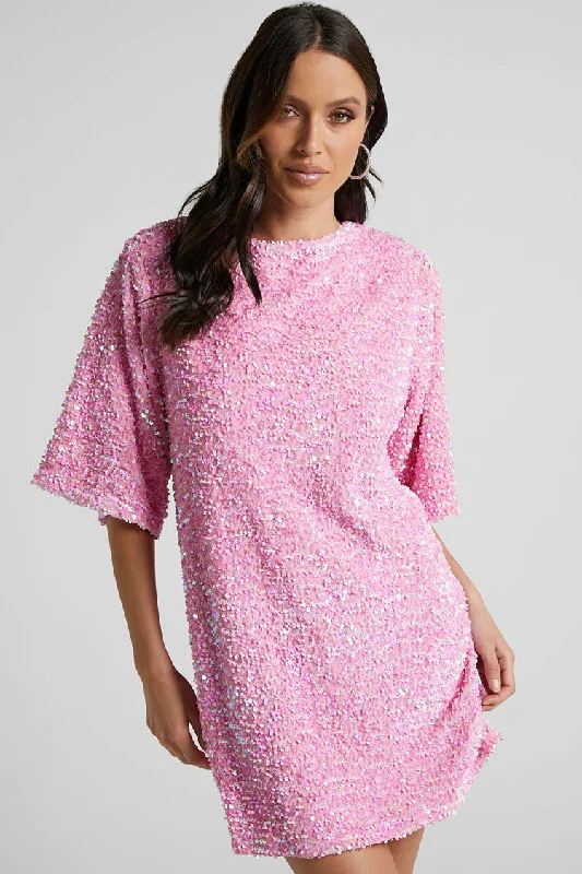 Sparkly Sequin Crew Neck Short Sleeve Oversized Velvet Party Mini Dress - Pink Elegant Mini Dress with Pleats