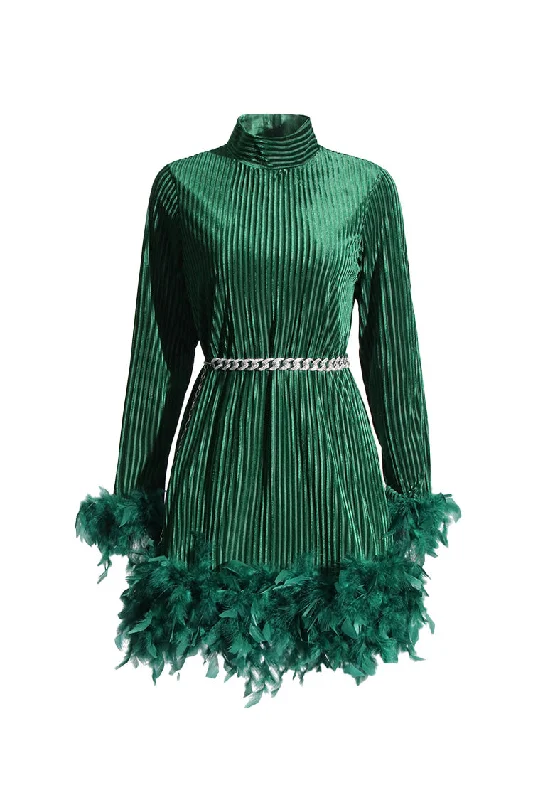 Sparkly Tennis Chain Striped Sheer Velvet Feather Trim Party Mini Dress Comfortable Off-Shoulder Mini Dress