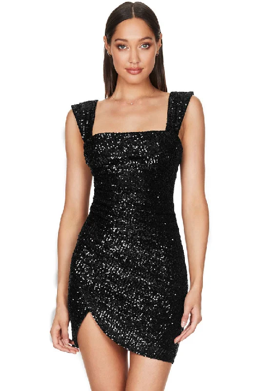 Sparkly Wrap Side Ruched Sleeveless Bodycon Sequin Mini Dress - Black Comfortable Off-Shoulder Mini Dress