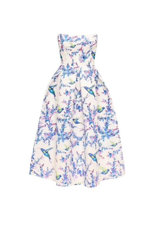 Strapless midi dress with bird and flower print, Garden of Eden Comfortable Deep V Midi Dress