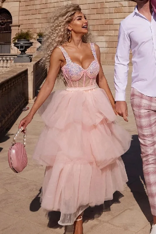 Stunning Off Shoulder Bustier Sheer Corset Layered Tulle Cocktail Midi Dress - Pink Cozy Knit Midi Dress