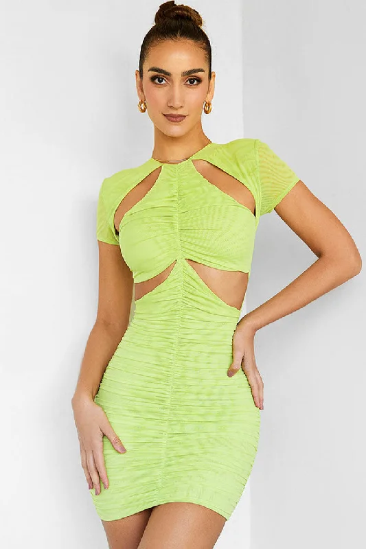 Stylish Short Sleeve Bodycon Ruched Cutout Club Mini Dress - Green Fashionable Mini Dress with Slits