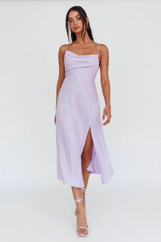 Suki Front Split Midi Dress Lilac Comfortable Fit-and-Flare Midi Dress