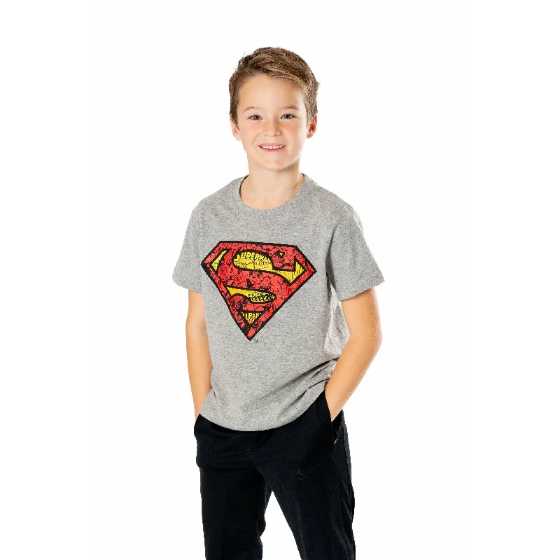 Superman Kids Grey Marl Comicstrip Logo T-Shirt DC Asymmetrical Pockets Print