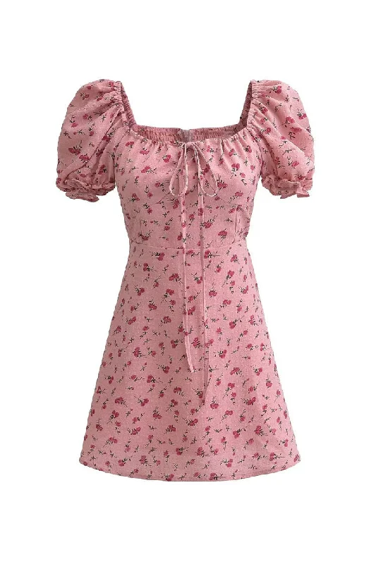 Sweet Bow Tie Square Neck Puff Sleeve Cotton Seersucker Floral Mini Dress Modern Satin Mini Dress