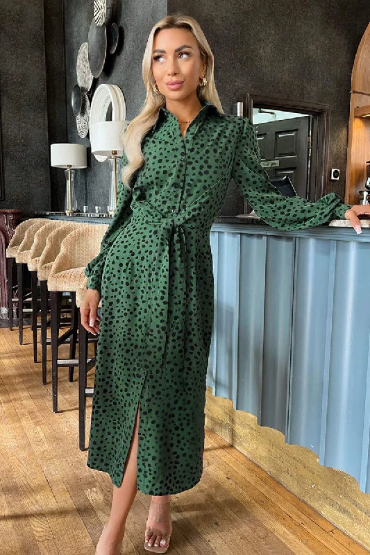 Teal Printed Tie Waist Button Front Shirt Midi Dress Elegant Floral Midi Dress