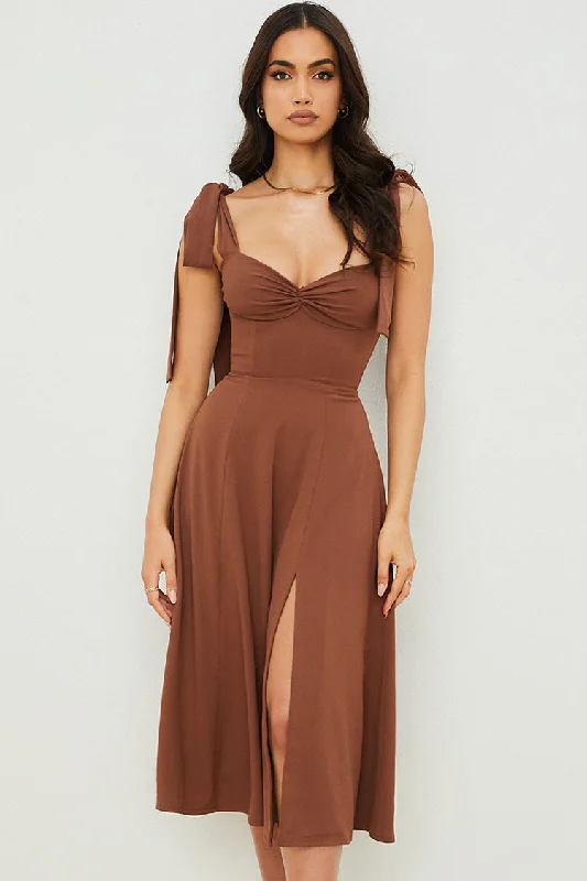 Tie Strap Fit & Flare High Slit Slip Midi Dress - Chocolate Comfortable Ruched Midi Dress