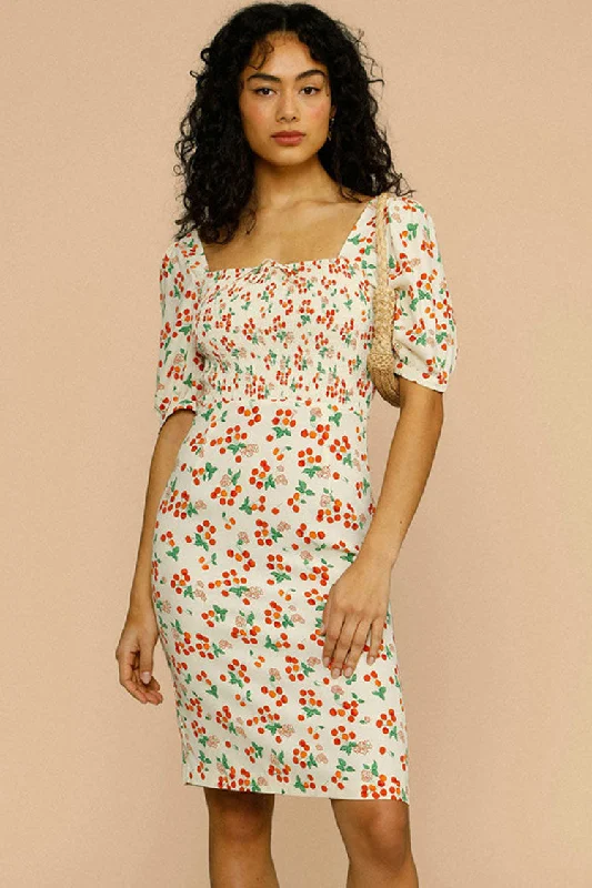 Vintage Cherry Print Puff Sleeve French Printed Midi Dress - Cream Elegant Puff Sleeve Midi Dress