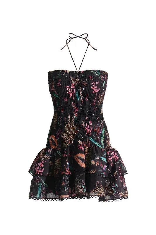 Vintage Halter Tie Scalloped Strapless Smocked Ruffle Floral Print Mini Dress Stylish Short-Sleeve Mini Dress