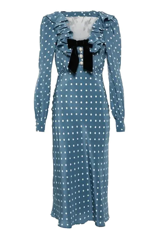 Vintage Ruffle Bow Trim Bishop Sleeve Chiffon Polka Dot Printed Midi Dress Stylish Button-Up Midi Dress