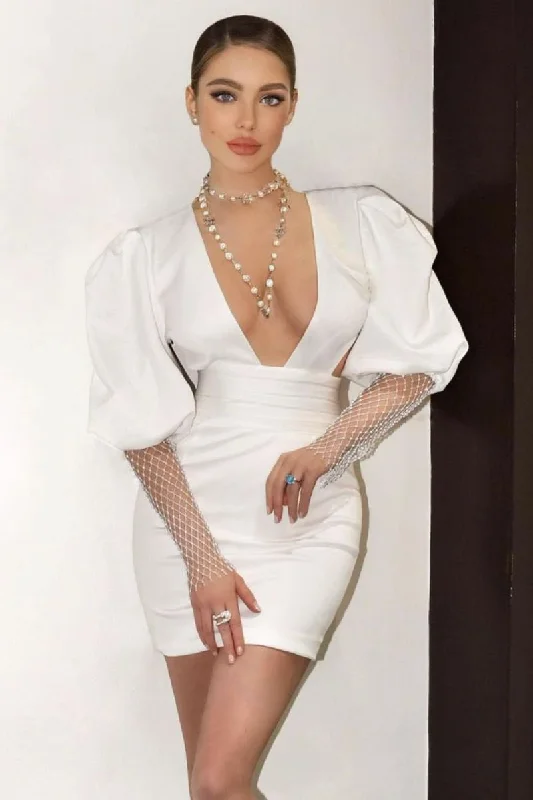 White Puff Sleeve Bodycon Mini Dress Stylish Sweetheart Neck Mini Dress