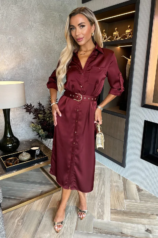 Wine Satin Belted 3/4 Sleeve Gold Buttons Shirt Midi Dress Stylish Tiered Midi Dress