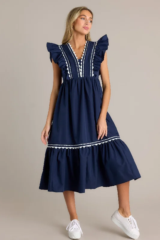 Wishful Thinking Navy Flutter Sleeve Midi Dress Fashionable Shift Midi Dress