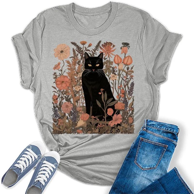 Women's Black Cat Wildflower Graphic Tees Fitted T-Shirt Seamless Stretchy