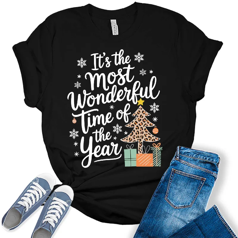 Women's Most Wonderful Time of The Year Plaid Christmas Graphic Tees Fitted T-Shirt Seamless Stretchy