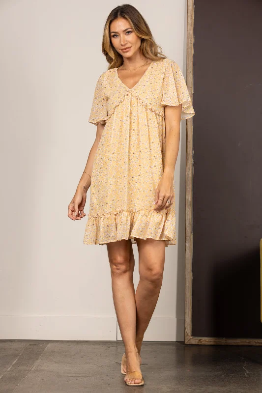 YELLOW CHIFFON FLORAL BELL SLEEVES RUFFLED MINI DRESS SD63921 Stylish Short-Sleeve Mini Dress