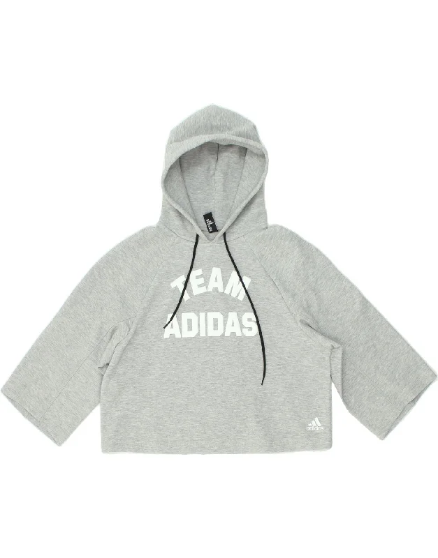 ADIDAS Womens Crop Graphic Hoodie Jumper UK 8/10 Small Grey Cotton Hoodie with Drop Shoulder Relaxed Streetwear