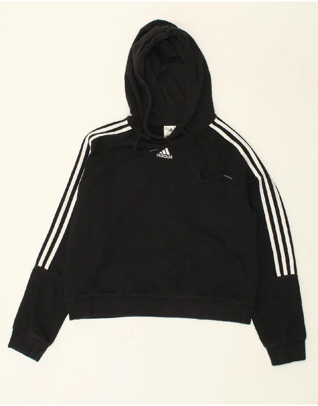 ADIDAS Womens Crop Hoodie Jumper UK 8/10 Small Black Polyester Hoodie with Ribbed Hem Stretchable Secure