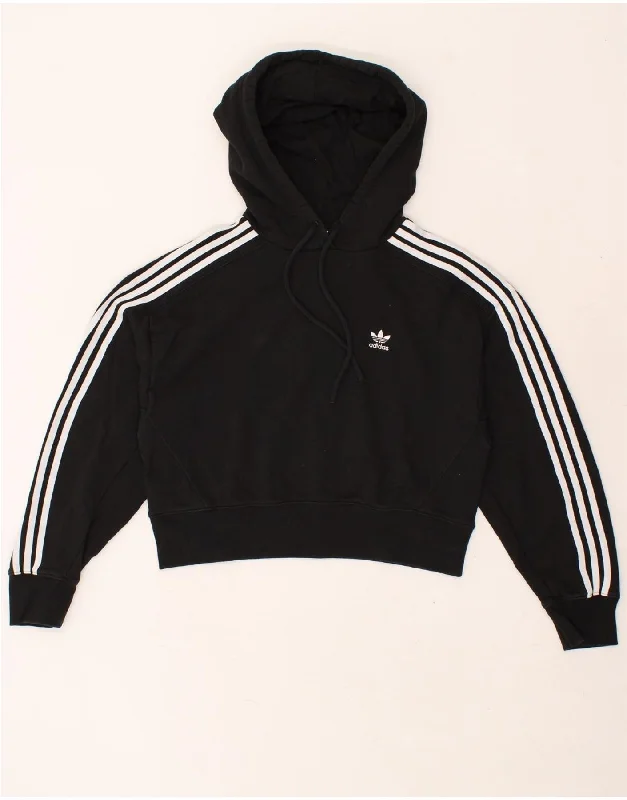 ADIDAS Womens Crop Hoodie Jumper UK 8 Small  Black Cotton Hoodie with Distressed Vintage Worn