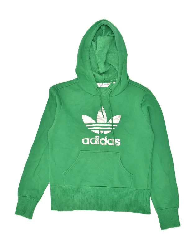 ADIDAS Womens Graphic Hoodie Jumper EU 40 Medium Green Cotton Hoodie with Hem Frayed Vintage Worn