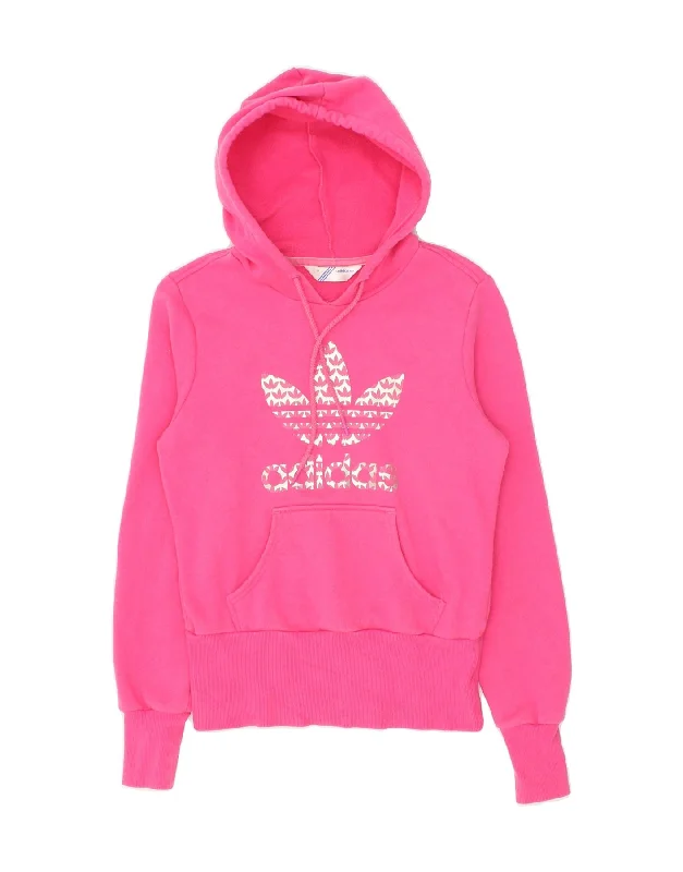 ADIDAS Womens Graphic Hoodie Jumper IT 38 XS Pink Cotton Hoodie with Raw Hem Edgy Unfinished