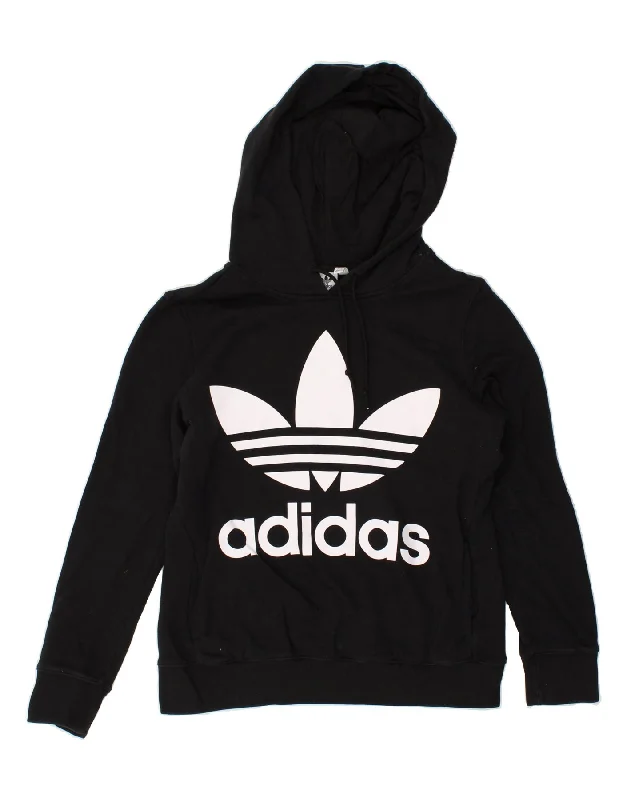 ADIDAS Womens Graphic Hoodie Jumper UK 10 Small  Black Hoodie with Color Block Contrast Stylish