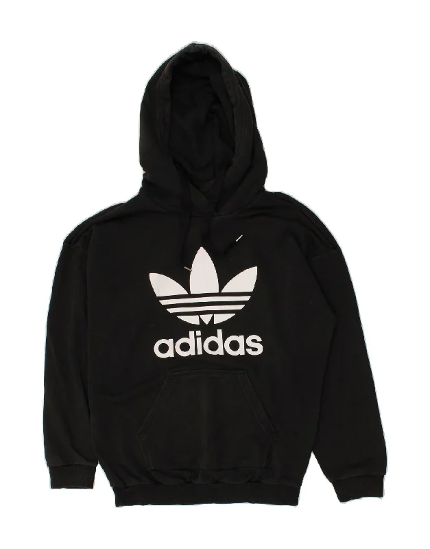 ADIDAS Womens Graphic Hoodie Jumper UK 10 Small  Black Cotton Hoodie with Button Classic Timeless