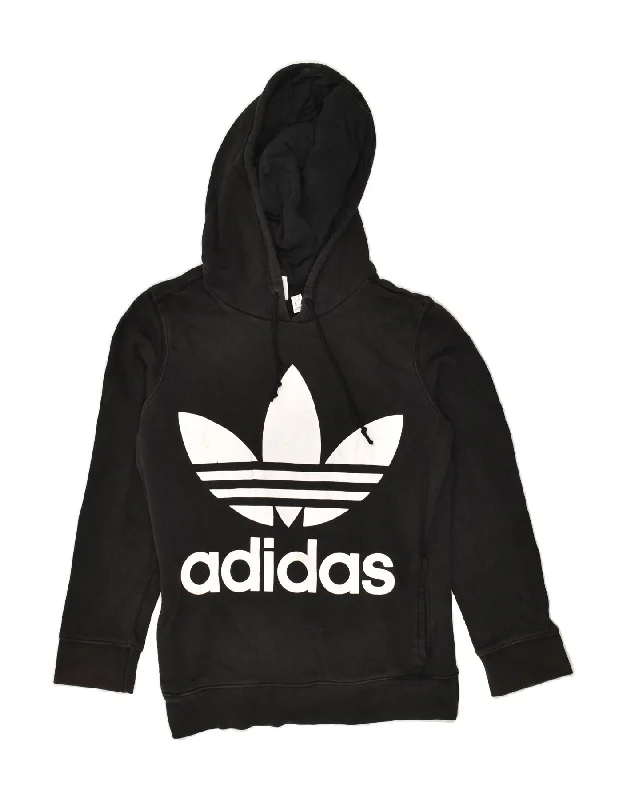 ADIDAS Womens Graphic Hoodie Jumper UK 10 Small Black Cotton Hoodie with Hood Adjustable Protection