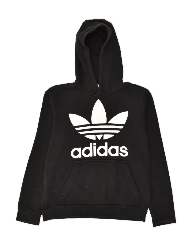 ADIDAS Womens Graphic Hoodie Jumper UK 10 Small Black Hoodie with High-Low Hem Asymmetrical Trendy