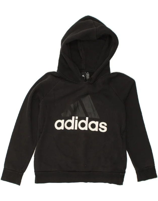 ADIDAS Womens Graphic Hoodie Jumper UK 12/14 Medium Black Cotton Hoodie with Cropped Fit Short Trendy