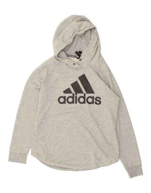 ADIDAS Womens Graphic Hoodie Jumper UK 12/14 Medium Grey Cotton Hoodie with Fur Luxurious Winter