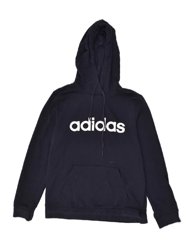 ADIDAS Womens Graphic Hoodie Jumper UK 12/14 Medium Navy Blue Cotton Hoodie with Exposed Zipper Edgy Industrial