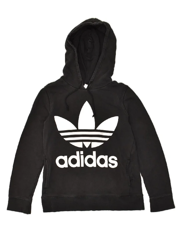 ADIDAS Womens Graphic Hoodie Jumper UK 12 Medium  Black Cotton Hoodie with V-Neck Classic Versatile