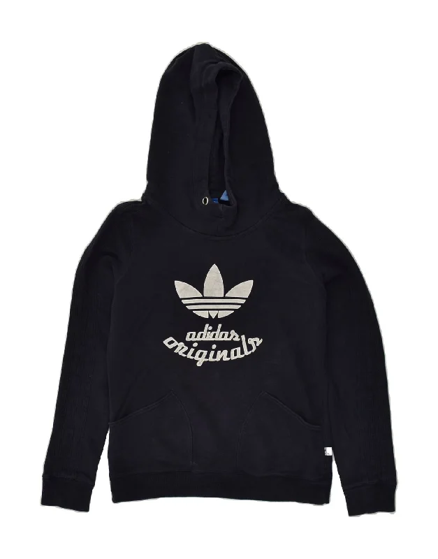 ADIDAS Womens Graphic Hoodie Jumper UK 12 Medium  Navy Blue Cotton Hoodie with Fur Luxurious Winter