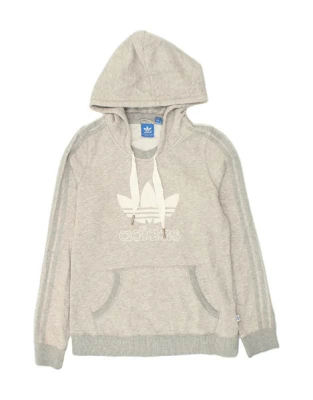 ADIDAS Womens Graphic Hoodie Jumper UK 14 Medium Grey Cotton Hoodie with Oversized Fit Loose Comfortable