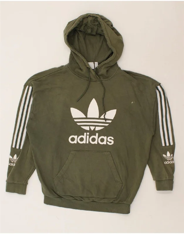 ADIDAS Womens Graphic Hoodie Jumper UK 14 Medium Khaki Cotton Hoodie with Reflective Safety Nightwear