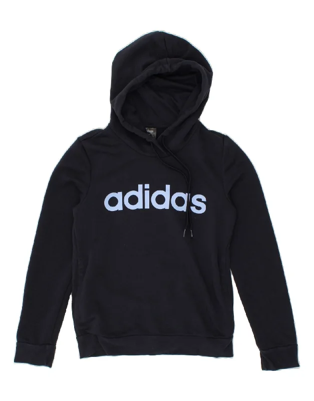 ADIDAS Womens Graphic Hoodie Jumper UK 4/6 XS Navy Blue Cotton Hoodie with Double Zipper Versatile Adjustable