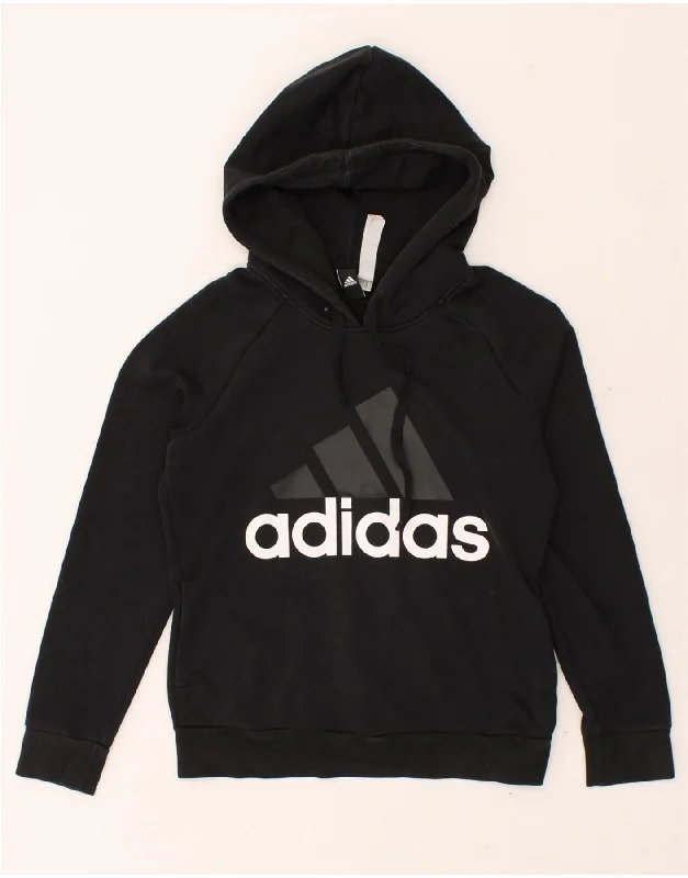 ADIDAS Womens Graphic Hoodie Jumper UK 8/10 Small Black Cotton Hoodie with Monochrome Minimalist Simple