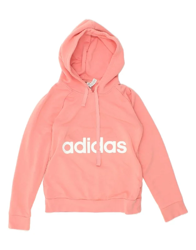 ADIDAS Womens Graphic Hoodie Jumper UK 8/10 Small Pink Cotton Hoodie with Hem Raw Edge Edgy Unfinished