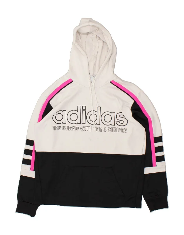 ADIDAS Womens Graphic Hoodie Jumper UK 8 Small White Colourblock Cotton Zip Hoodie Drawstring Kangaroo Pocket