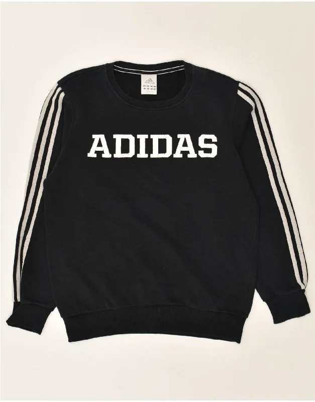 ADIDAS Womens Graphic Sweatshirt Jumper UK 8 Small Black Cotton Hoodie with Applique Textured Unique