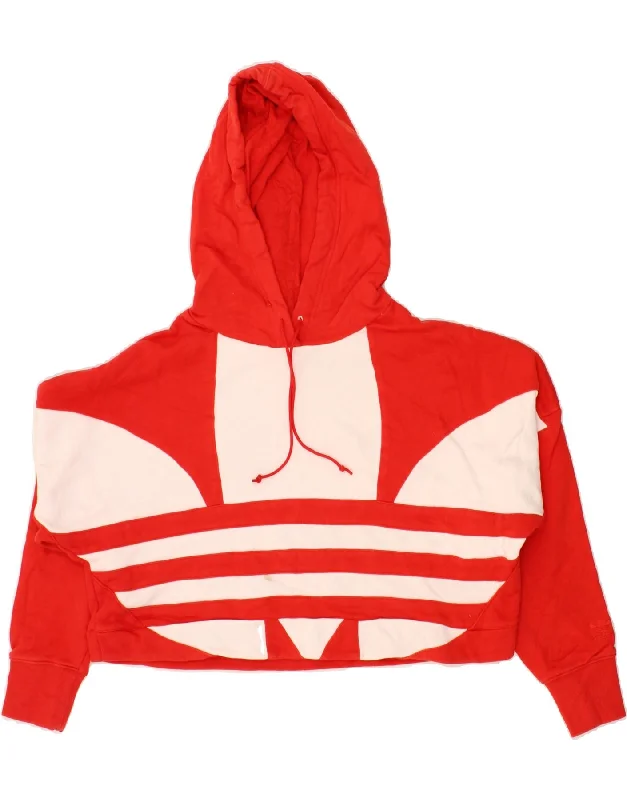 ADIDAS Womens Oversized Crop Hoodie Jumper UK 12 Medium Red Cotton Hoodie with Frayed Bohemian Relaxed